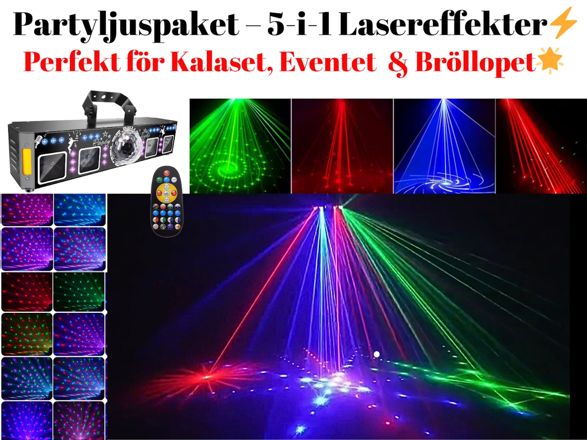 Party- och DJ-ljuspaket med lasereffekter, UV-ljus, strobe och magic ball.