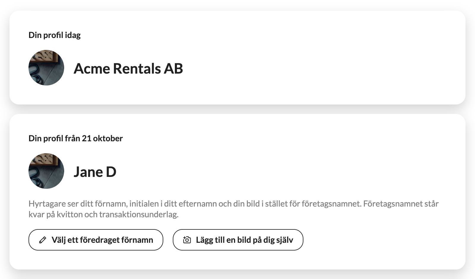 Din profilsida med två kort: ”Din profil idag” visar företagsnamnet, ”Din profil från 21 oktober” visar förnamn, första bokstaven i efternamnet och ett foto.